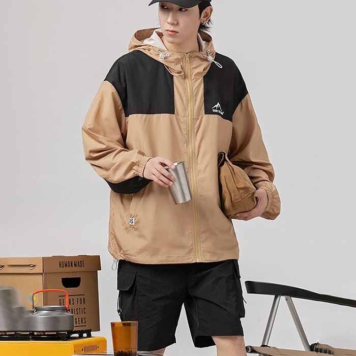 日焼け止め服 メンズ ラッシュガード 男女兼用 UVカットパーカー 切り替え柄 サマージャケット マウンテンパーカー Zty-4982 カーキ XL 拍卖
