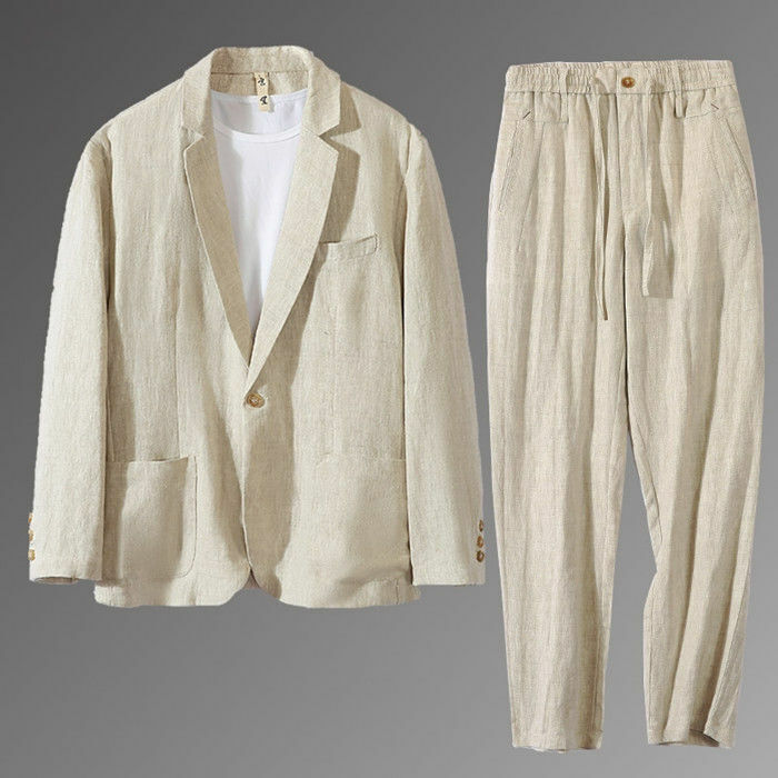 スーツセットアップ 2ピーススーツ メンズ リネン テーラードジャケット スラックス セット 一つボタン ブレザー Zty-4413 ベージュ 3XL拍卖