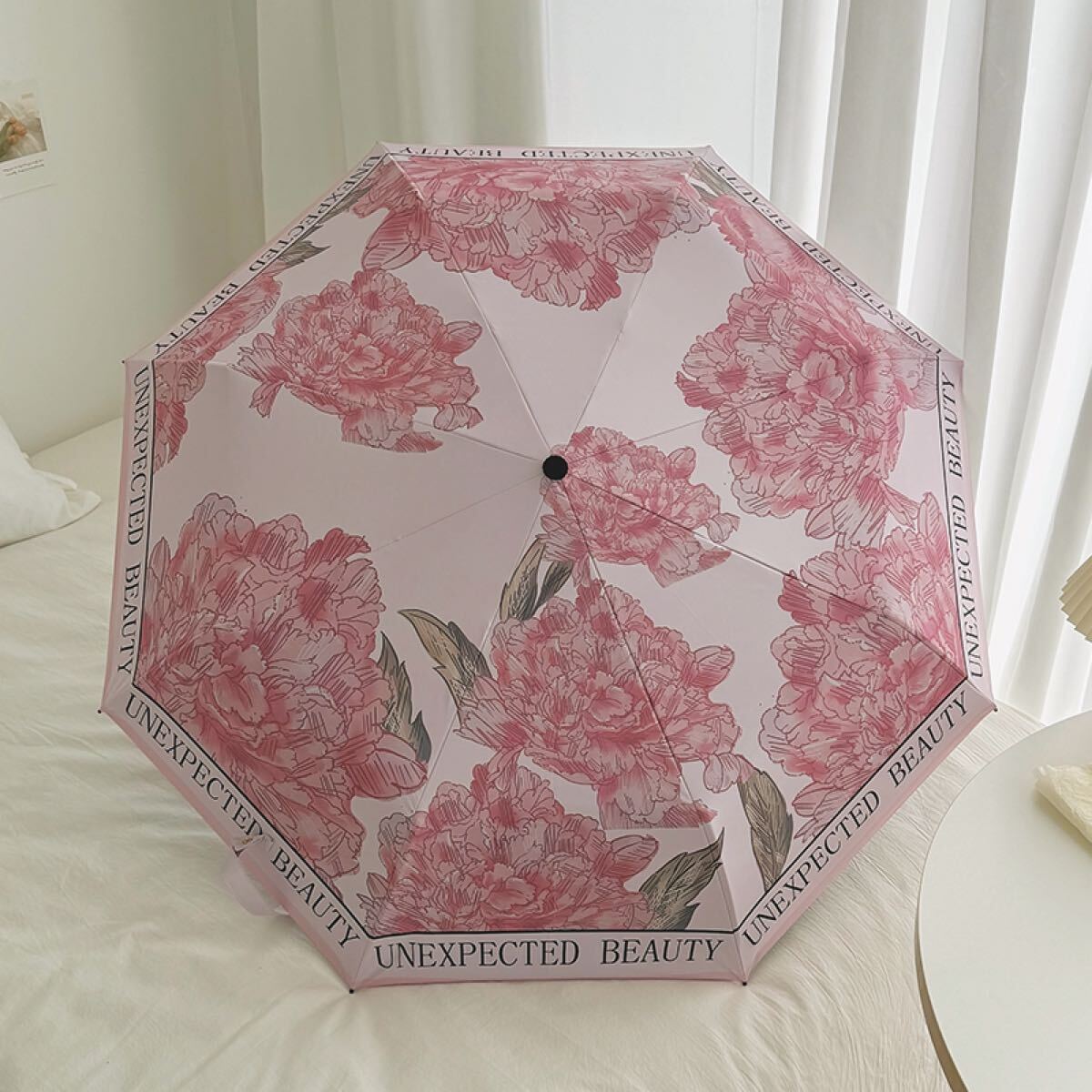 新品 折りたたみ傘 日傘 花柄 UVカット コンパクト 晴雨兼用日傘 丈夫 ピンク ボタン 牡丹 可愛い 8本骨 丈夫 レディース拍卖