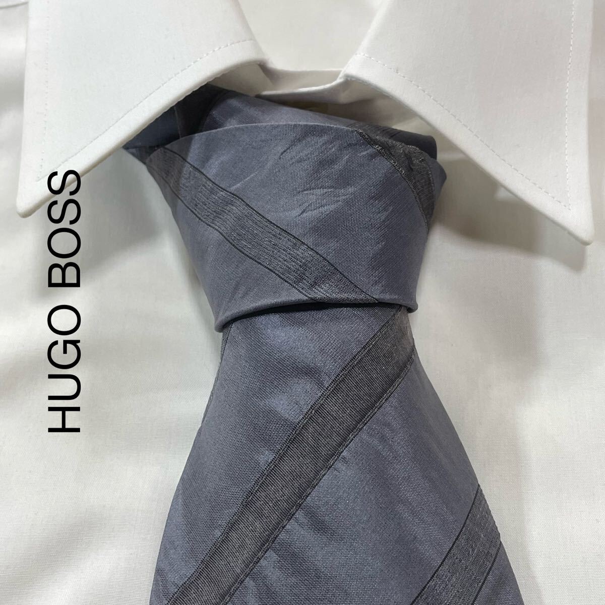 HUGO BOSS ヒューゴボス ストライプ シルク ネクタイ イタリア製 ブルーグレー TG1799拍卖
