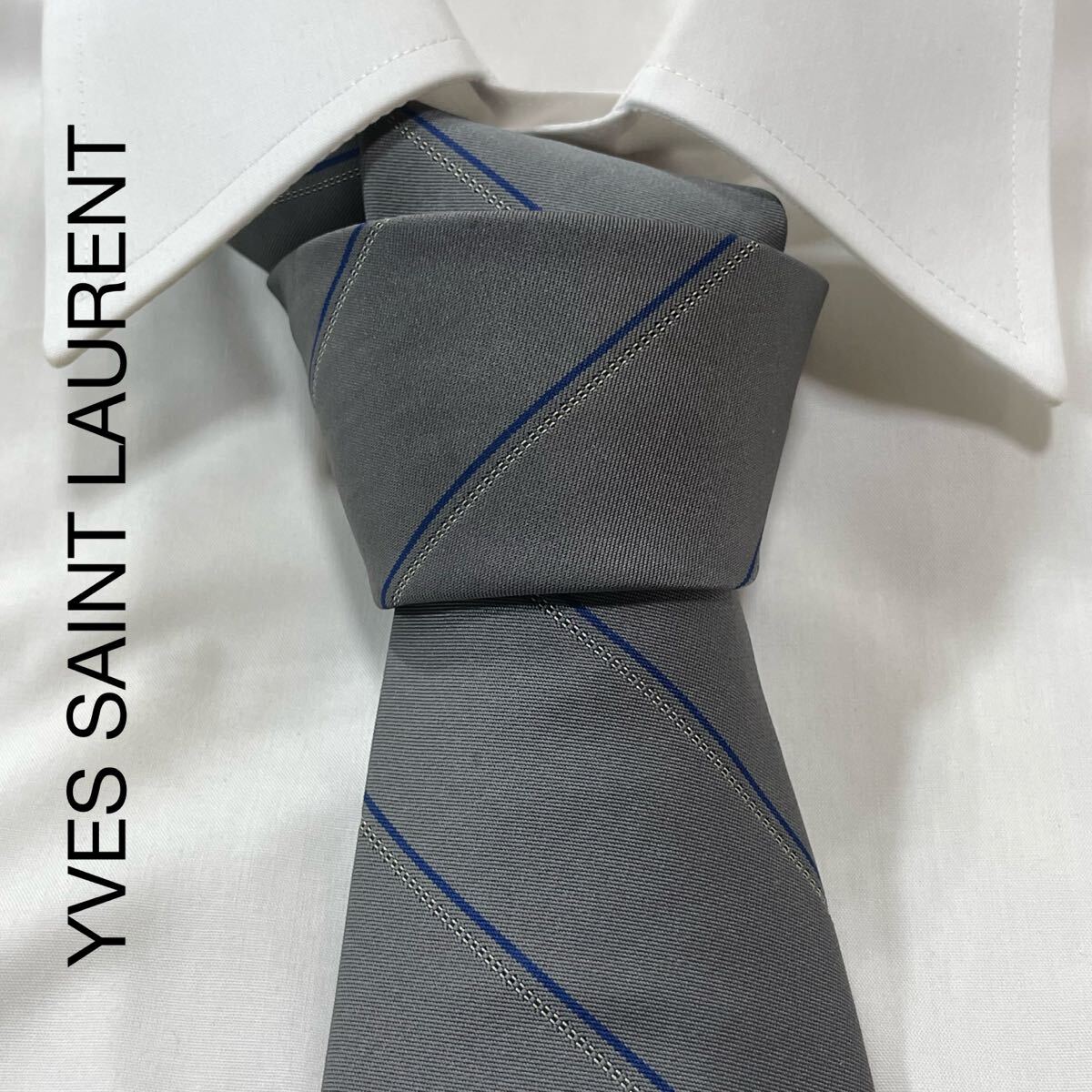 YVES SAINT LAURENT イヴサンローラン ロゴ レジメンタル ストライプ ネクタイ グレー TG1802拍卖