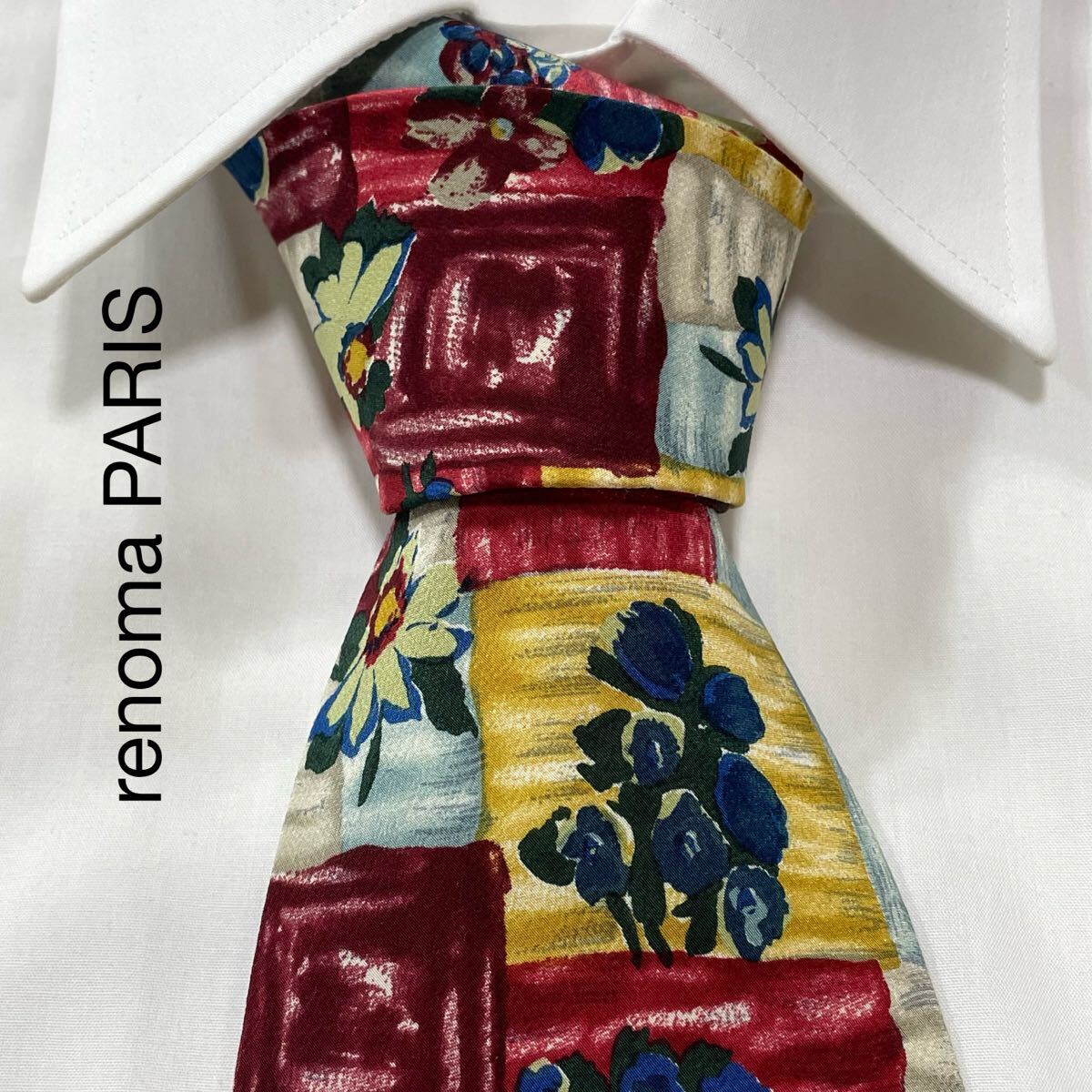 renoma PARIS レノマパリス アート 花柄 シルク ネクタイ イタリア製 レッド ベージュ イエロー ブルー グリーン グレージュ TG2038拍卖