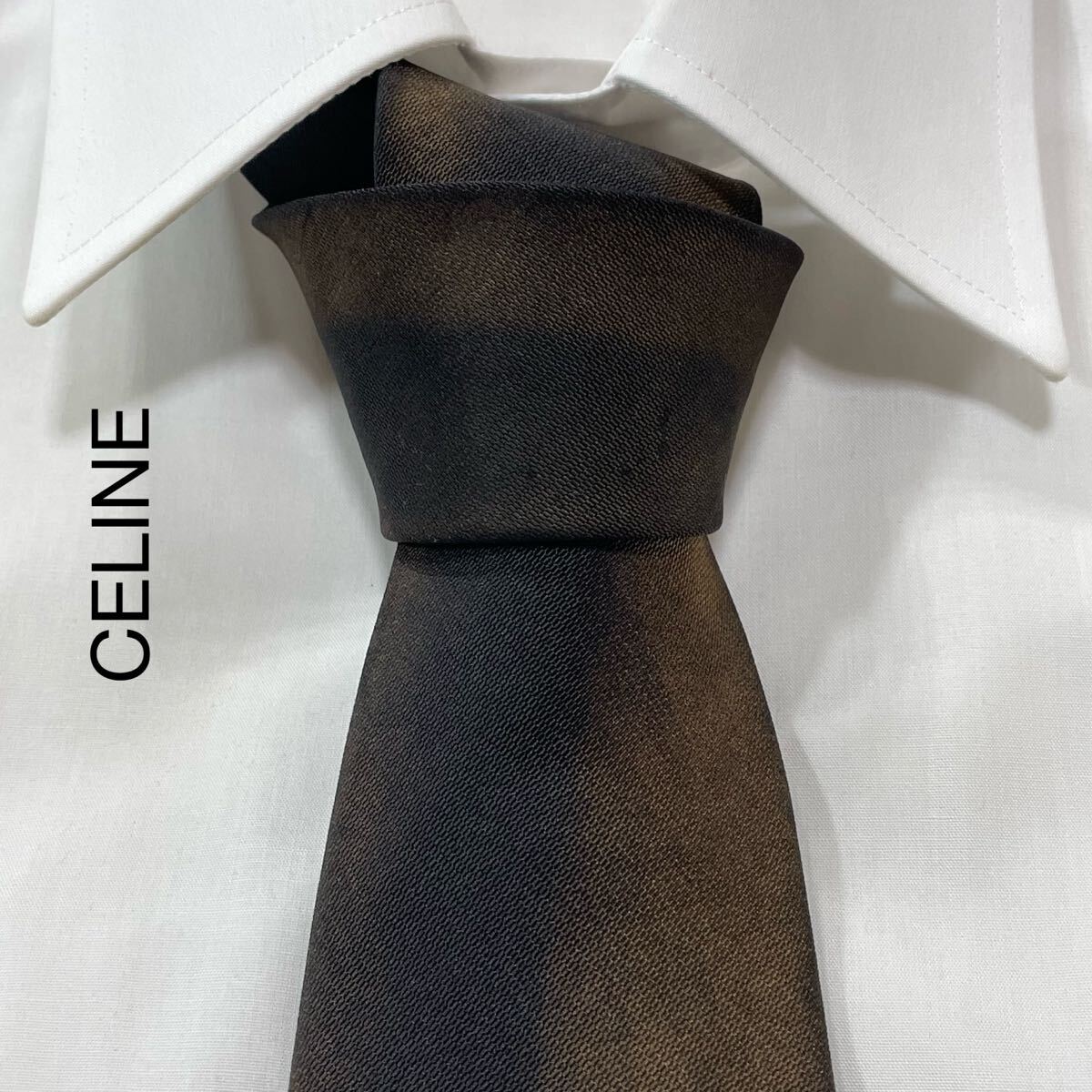 CELINE オールド セリーヌ アート シルク ネクタイ スペイン製 ブラック ブラウン TG2286拍卖