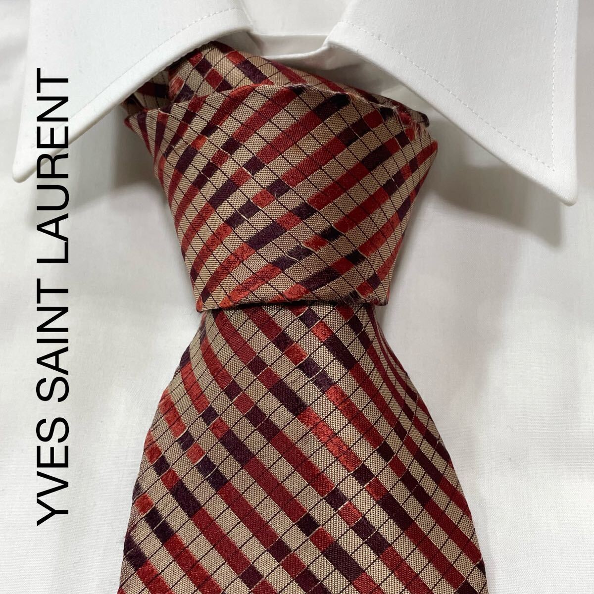 YVES SAINT LAURENT イヴサンローラン 交差 ストライプ シルク ネクタイ ワイン ゴールド TG2324拍卖