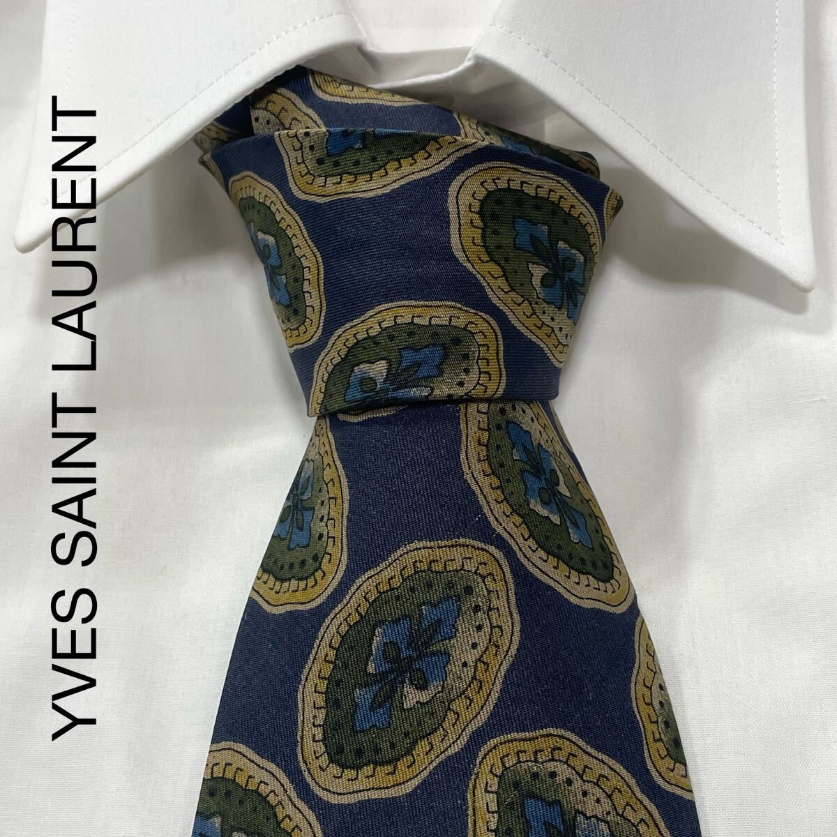 YVES SAINT LAURENT イヴサンローラン パターン柄 シルク ネクタイ ネイビー TG2429拍卖