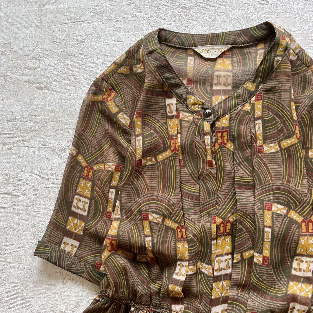 昭和レトロパターン柄半袖ロングワンピース透け素材総柄グリーン系11号M1拍卖