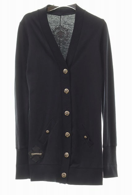 クロムハーツ CHROME HEARTS クロスボール ボタン ニット カーディガン ブラック Sサイズ レザーパッチ 【ブランド古着ベクトル】☆AA★●拍卖
