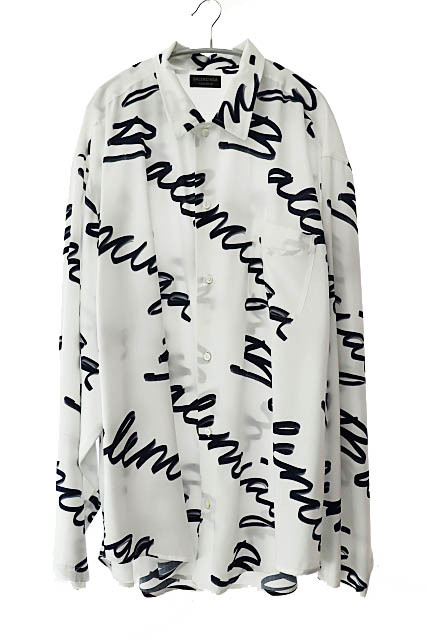 バレンシアガ BALENCIAGA 2023年製 ロゴ 総柄 レーヨン 長袖 シャツ 681812 T0LE9 40 白 ホワイト ブランド古着ベクトル 中古☆AA★250624拍卖