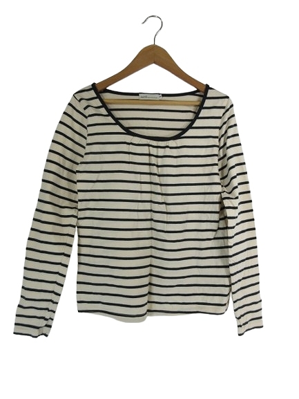 アースミュージック&エコロジー EARTH MUSIC & ECOLOGY Tシャツ ラウンドネック 長袖 ボーダー サイズS アイボリー ネイビー QQQ レディー拍卖