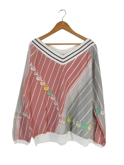 スカラー ScoLar カットソー プルオーバー Vネック 長袖 コットン 花柄 サイズM ピンク QQQ レディース拍卖