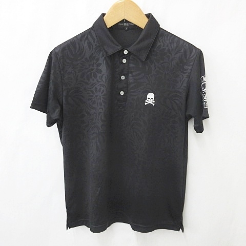 ダンスウィズドラゴン Dance With Dragon ポロシャツ ゴルフ 半袖 スカル 花柄 速乾 薄手 黒 ブラック 3 メンズ拍卖