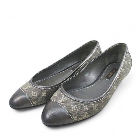 ルイヴィトン LOUIS VUITTON フラットシューズ パンプス モノグラム コンビ キャンバス レザー 34.5 グレー イタリア製 レディース拍卖
