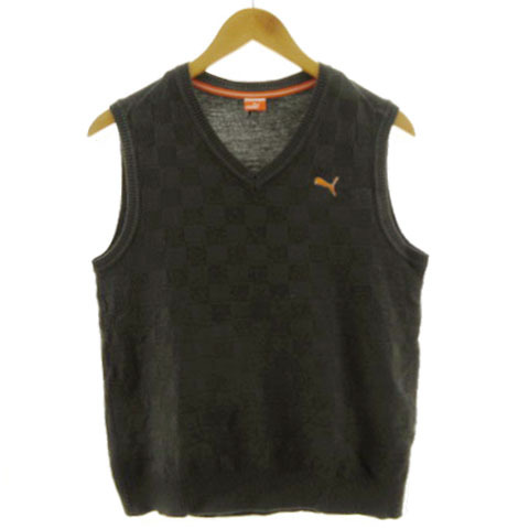 プーマ PUMA ゴルフ ニットベスト 902205 Vネック ロゴ刺繍 チェッカー柄 グレー系 カーキグレー L メンズ拍卖