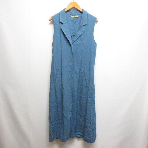 ローズバッド ROSE BUD 麻リネン混 ロング ジレ ベスト F ブルー ジャケット 腰ひも付き レディース拍卖