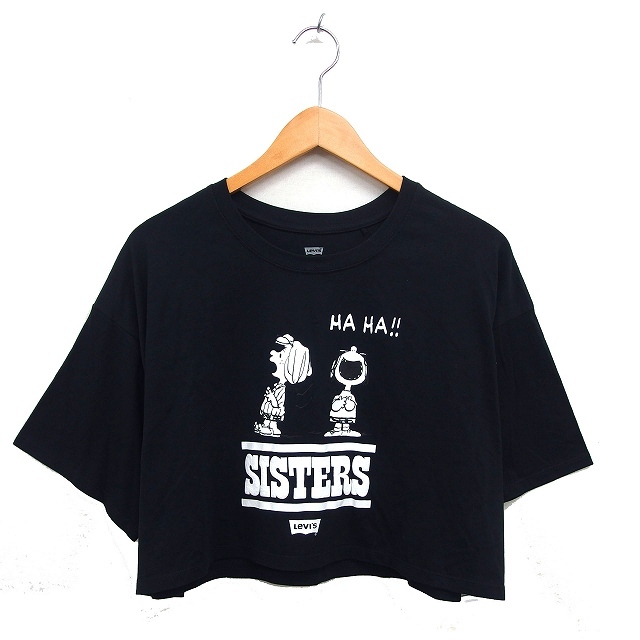 リーバイス Levi's SNOOPY ワイド カットソー Tシャツ ロゴプリント クロップド 綿 五分袖 M 黒 ブラック /NT33 レディース拍卖
