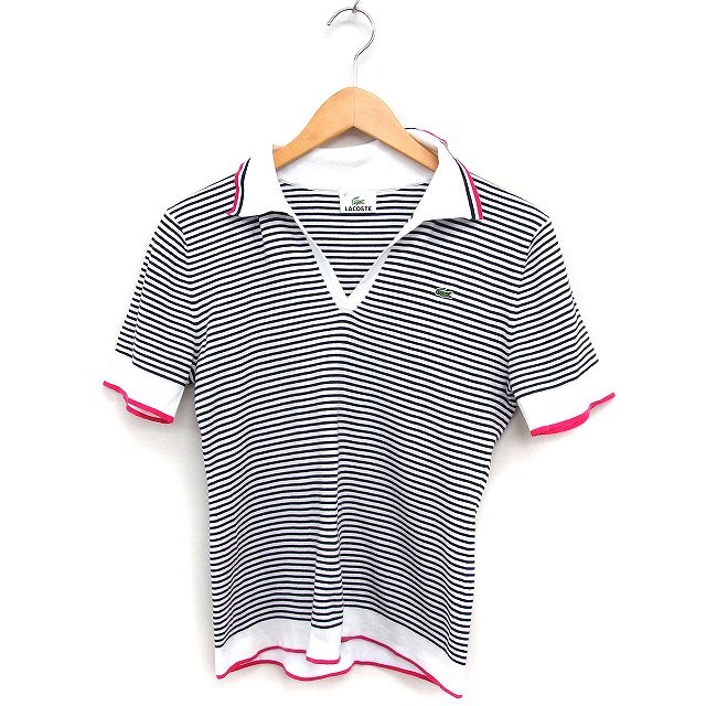 ラコステ LACOSTE ボーダー ポロシャツ 半袖 開襟 コットン 綿 42 ホワイト 白 ブラック 黒 /FT14 レディース拍卖