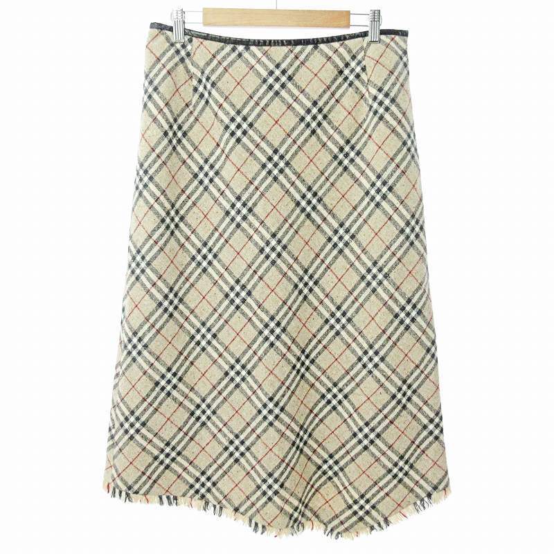 バーバリー ロンドン BURBERRY LONDON 大きいサイズ ノバチェック ロング スカート フリンジ アンゴラ混 カシミヤ混 ウール 15拍卖