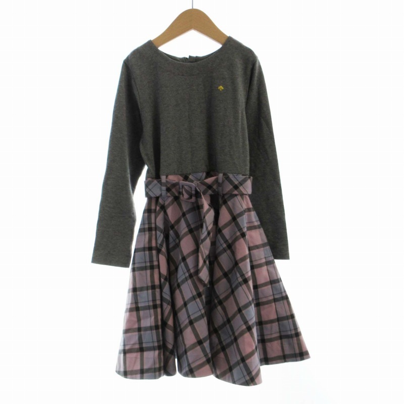 ケイトスペード KATE SPADE 子供服 女の子 フレアワンピース ひざ丈 チェック ベルト付き 長袖 130 グレー ピンク 8723314-158拍卖