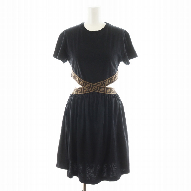 フェンディ FENDI KIDS ロゴ カットアウト ワンピース ひざ丈 半袖 12+ 黒 ブラック 茶 ブラウン JFB443 7AJ /AN42 レディース拍卖