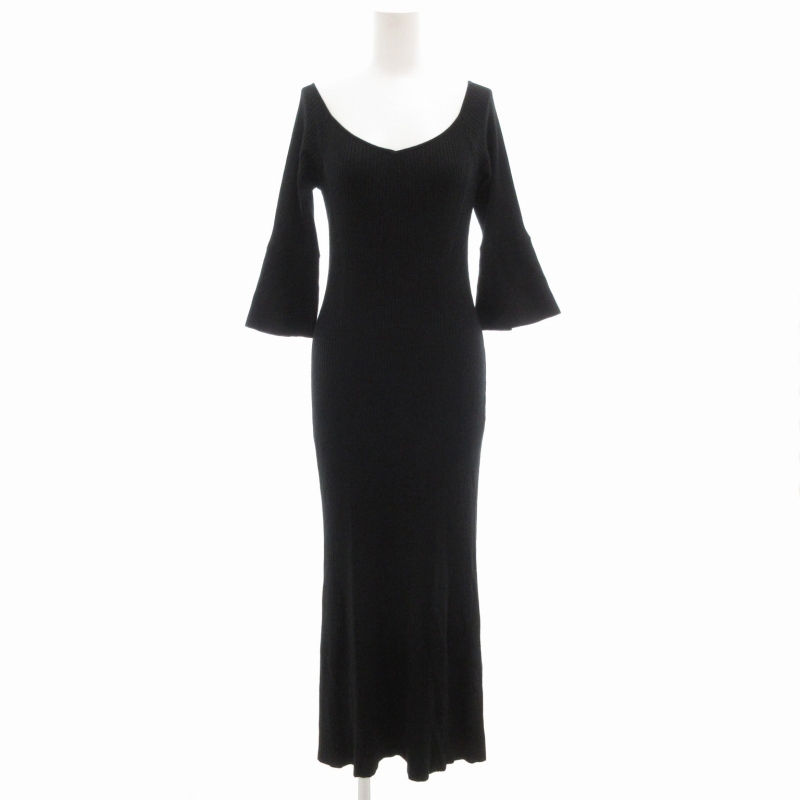 マーキュリーデュオ MERCURYDUO パネルラインカフスニットワンピース 七分袖 ロング M 黒 ブラック 002420303201-01 /GV拍卖
