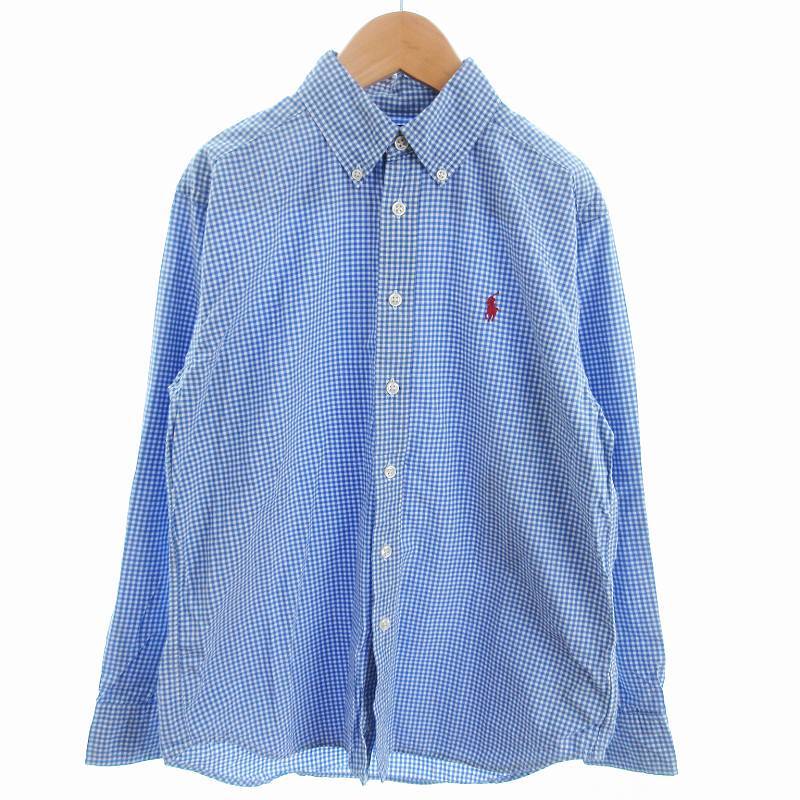 ラルフローレン シャツ 長袖 ギンガムチェック ボタンダウン ロゴ刺繍 コットン 青 ブルー M ☆AA★ ■GY14 キッズ拍卖