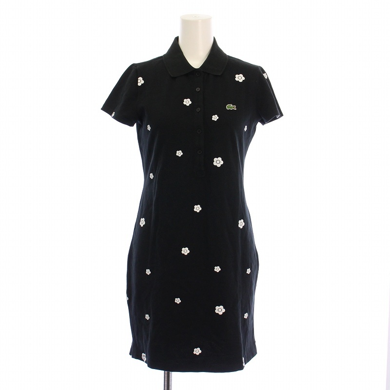 ラコステ LACOSTE MARY QUANT タイトワンピース ポロシャツ ひざ丈 半袖 レギュラーカラー ハーフボタン ストレッチ 花柄 ロゴ 刺繍 黒拍卖