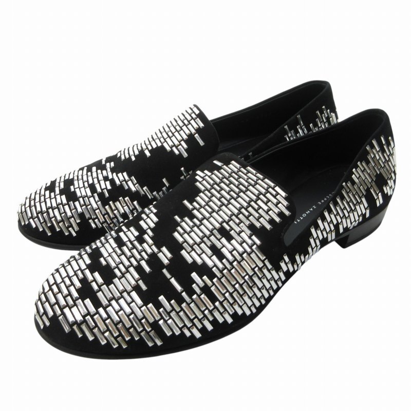 ジュゼッペザノッティデザイン GIUSEPPE ZANOTTI DESIGN ローファー スリッポン スタッズ ビジュー シルバー 黒 ブラック 43 約28cm拍卖