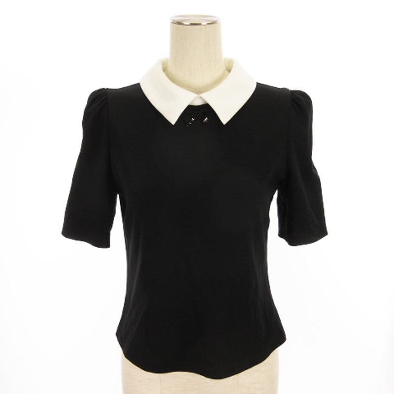 エムズグレイシー M'S GRACY 24SS 白襟 カットソー 半袖 バイカラー スパンコール リボン 黒 ブラック 38 レディース拍卖