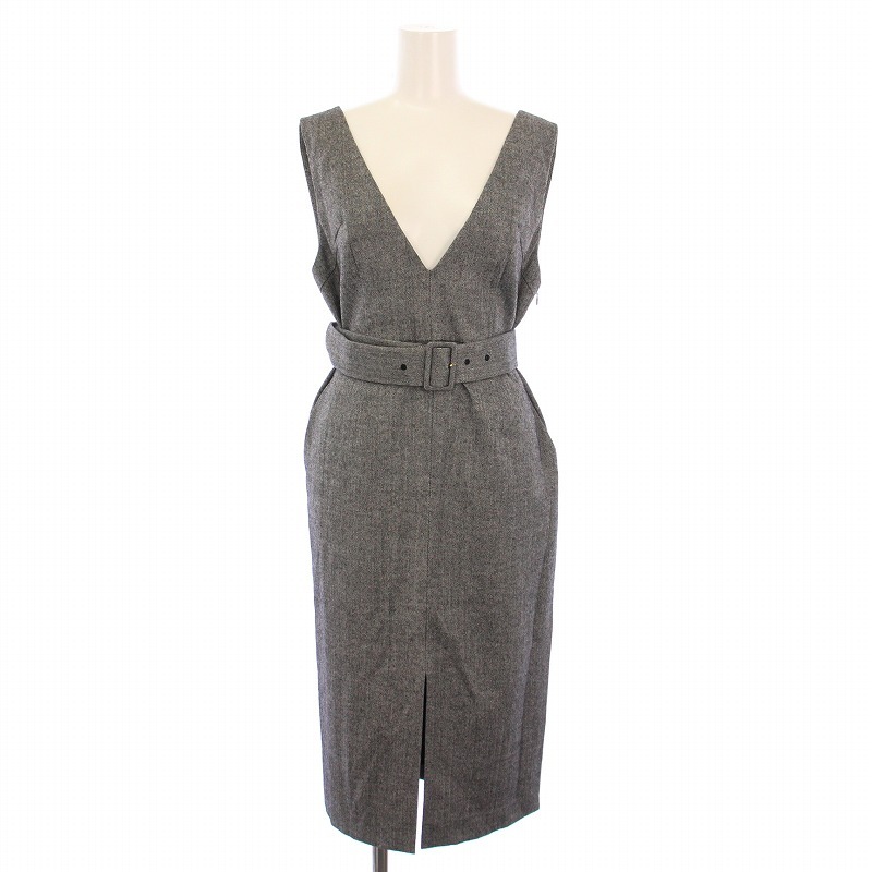 ピンキー&ダイアン ピンダイ ウールヘリンボーンジャンパースカート タイトワンピース ひざ丈 Vネック ベルト 36 グレー 031-9240939拍卖