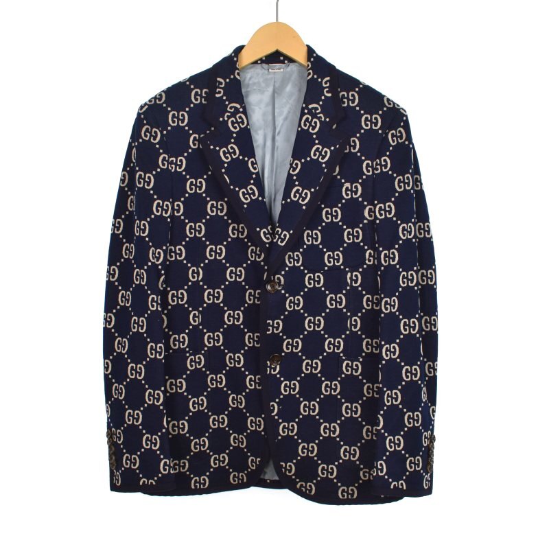 グッチ GUCCI 18年製 GGジャガード テーラードジャケット ブレザー 46 紺 ネイビー 521889 メンズ拍卖