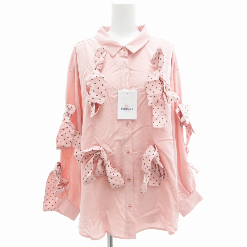 未使用品 パーソンズ PERSON'S タグ付き ドットリボンパッチシャツ ブラウス 長袖 M ピンク 黒 ブラック /GV レディース拍卖
