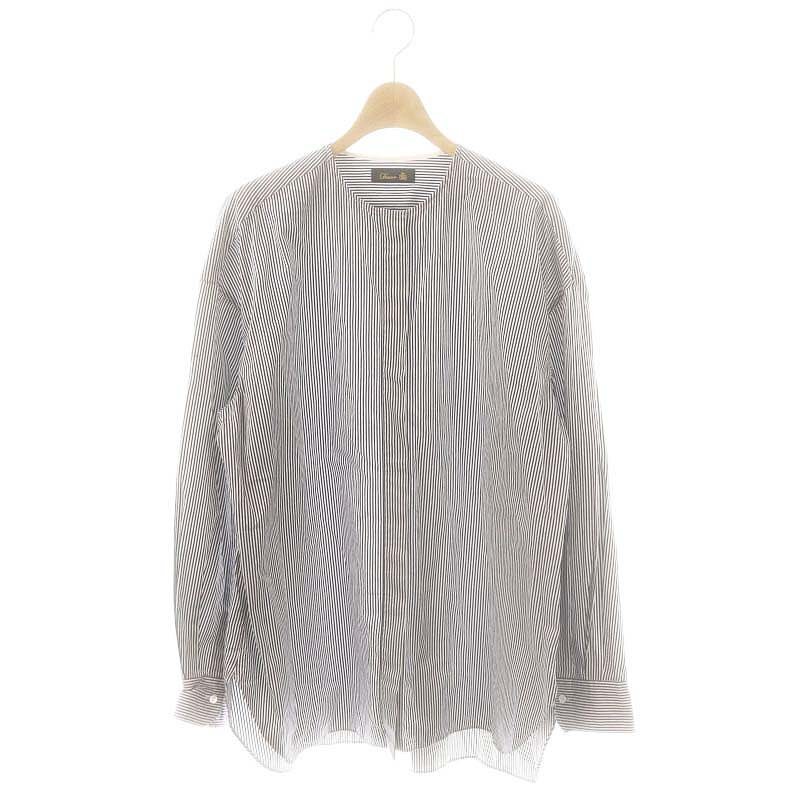 ドゥロワー Drawer コットンノーカラーストライプシャツ 青 白 /MI ■OS レディース拍卖