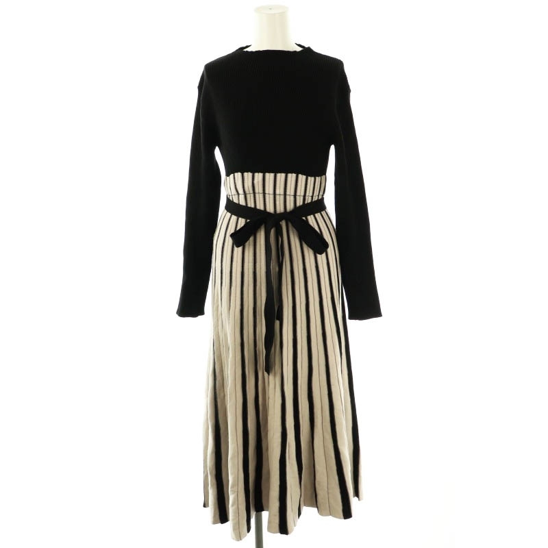 マーキュリーデュオ MERCURYDUO 配色チェンジリブロングスリーブニットワンピース ロング S ブラック ベージュ /HK ■OS レディース拍卖