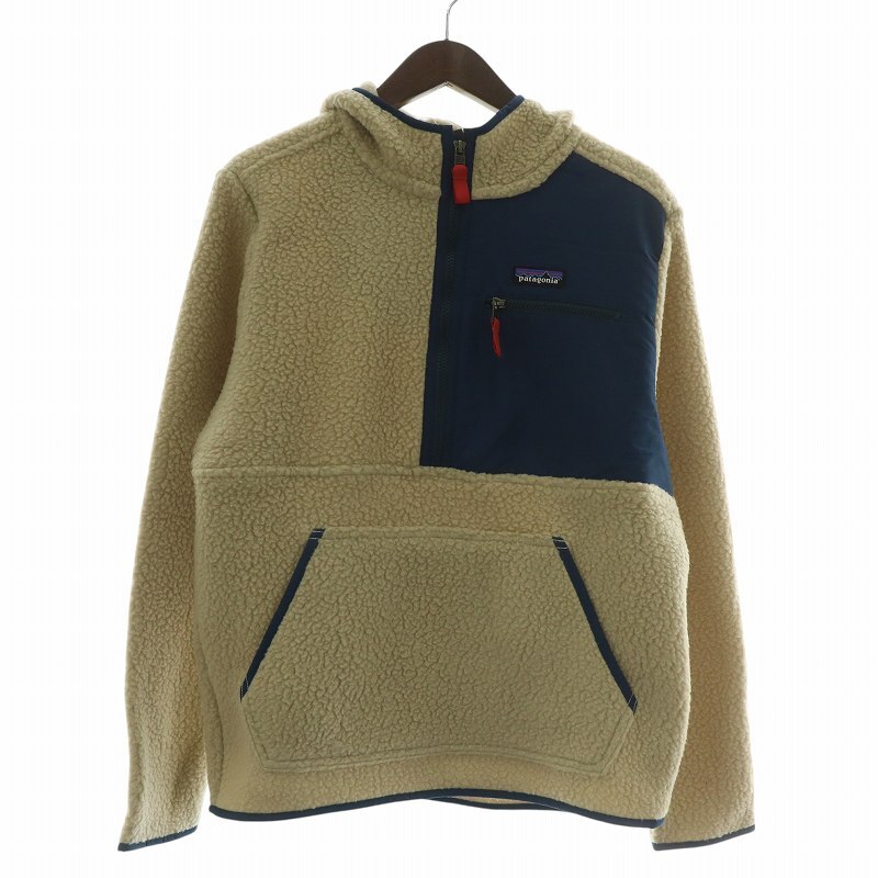 未使用品 パタゴニア Patagonia レトロパイルプルオーバー フリースジャケット ハーフジップ フード ロゴ XS ベージュ 紺 22790FA22拍卖