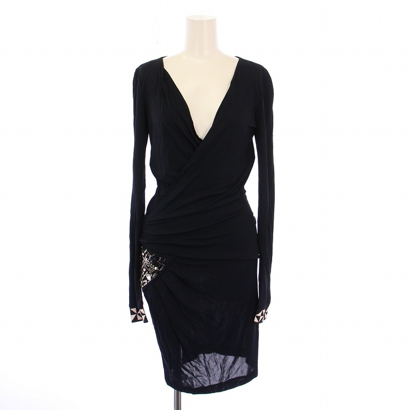 エミリオプッチ EMILIO PUCCI タイトワンピース ドレープ ひざ丈 長袖 Vネック ストレッチ ビジュー 装飾 I40 紺 ネイビー拍卖