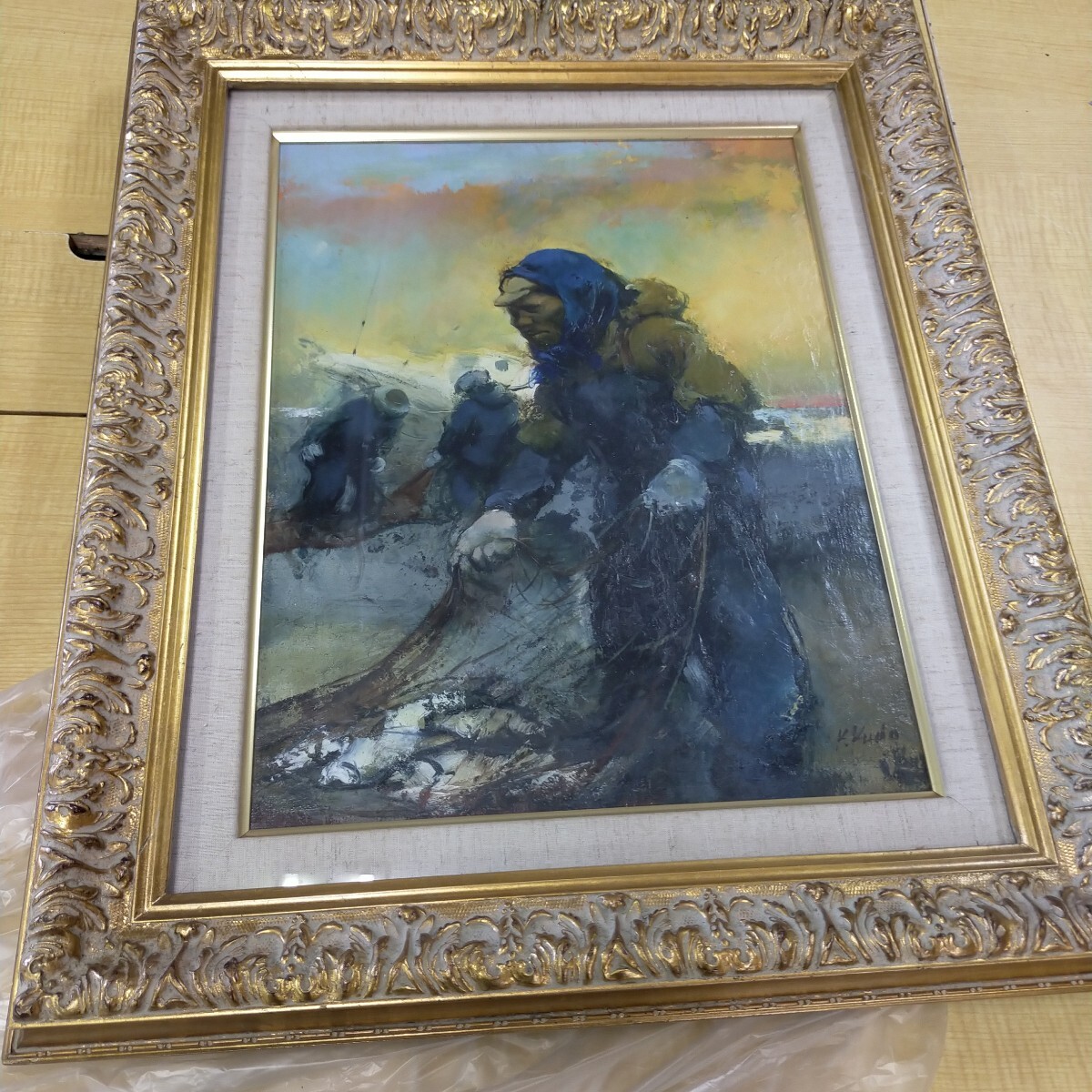 油彩画真作、工藤和男「暁の浜」額装あり、人物画、インテリア美術品拍卖