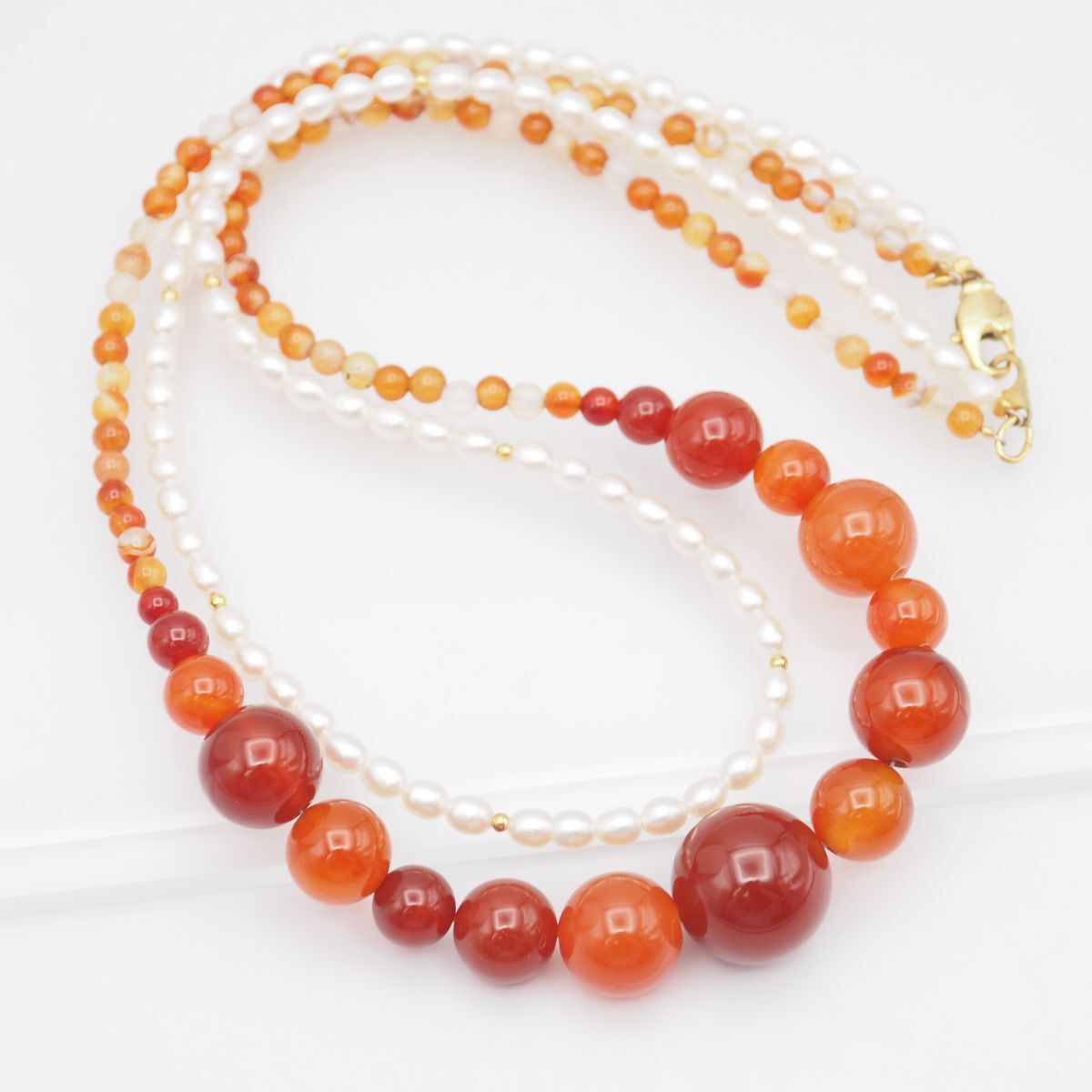 J751 レッドアゲート 赤瑪瑙 メノウ 淡水真珠 パール ネックレス 2連 ゴールド デザイン シルバー 6月誕生石拍卖