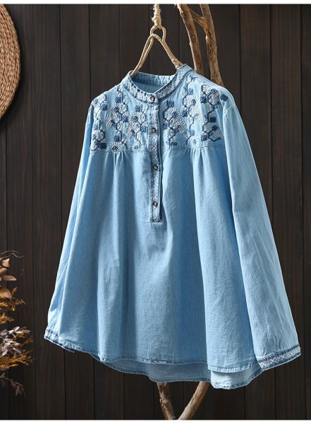 チュニック 刺柄 スタンド襟 ゆったり オシャレ フリーサイズ ナチュラル 綿100% 水色系 ジーンズ拍卖