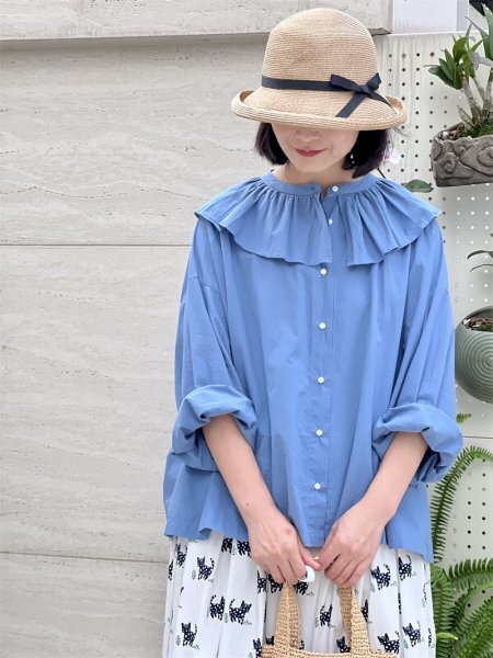 ps 0706 ワイシャツ チュニック トップス フリーサイズ 高質 綿100% ナチュラル 通気性肌触り抜群 可愛い襟 ブルー拍卖