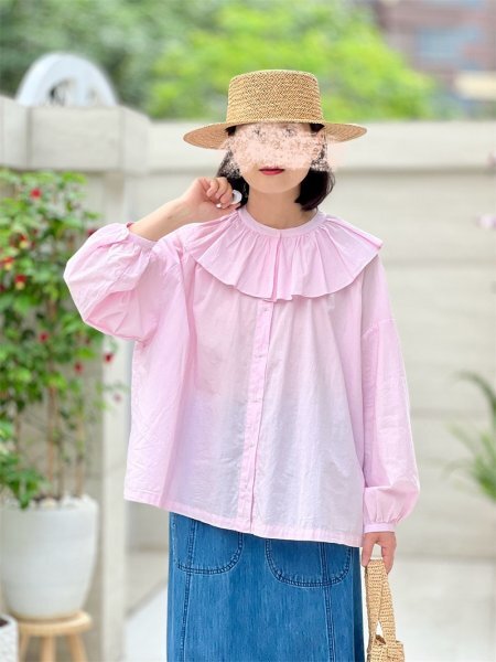 ps 0706 ワイシャツ チュニック トップス フリーサイズ 高質 綿100% ナチュラル 通気性肌触り抜群 可愛い襟 ピンク拍卖