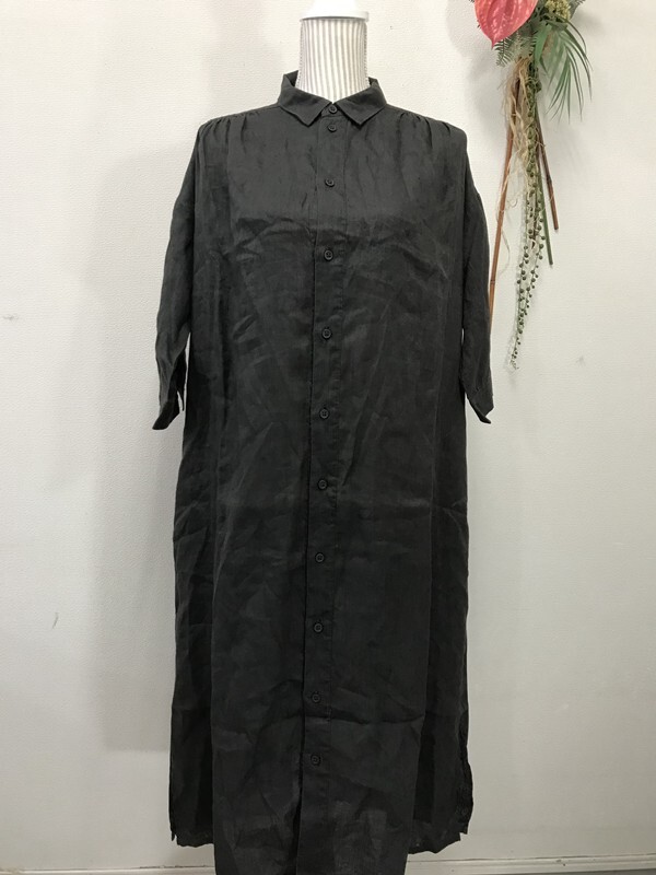 4025 【 Labo Spec 麻100% 】 半袖 ロングシャツワンピース サイズ:M 色:ダークブラウン拍卖