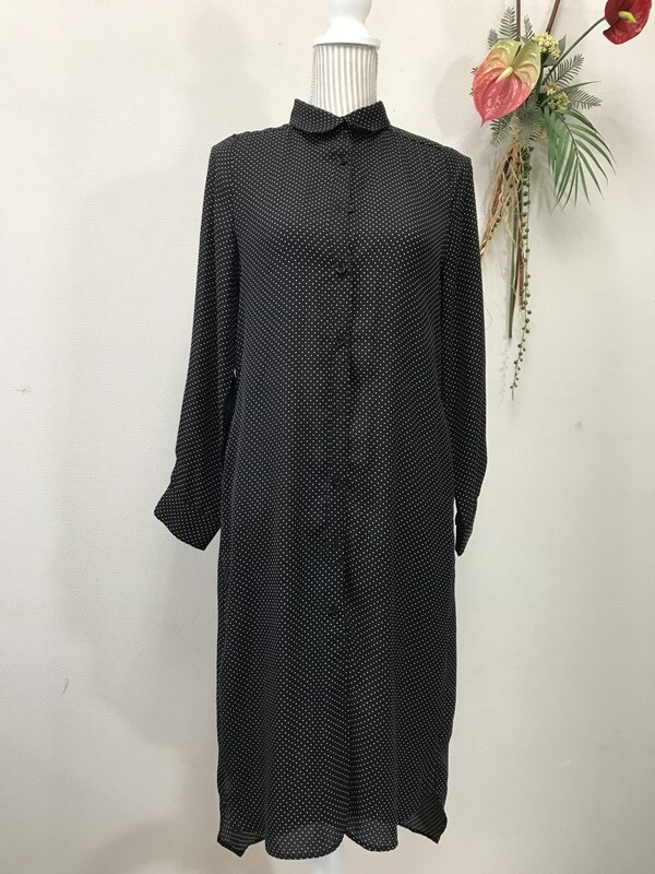 4035 【 ear 長袖 ロング シャツワンピース 】レディース サイズ:F 色:ブラック柄入り拍卖