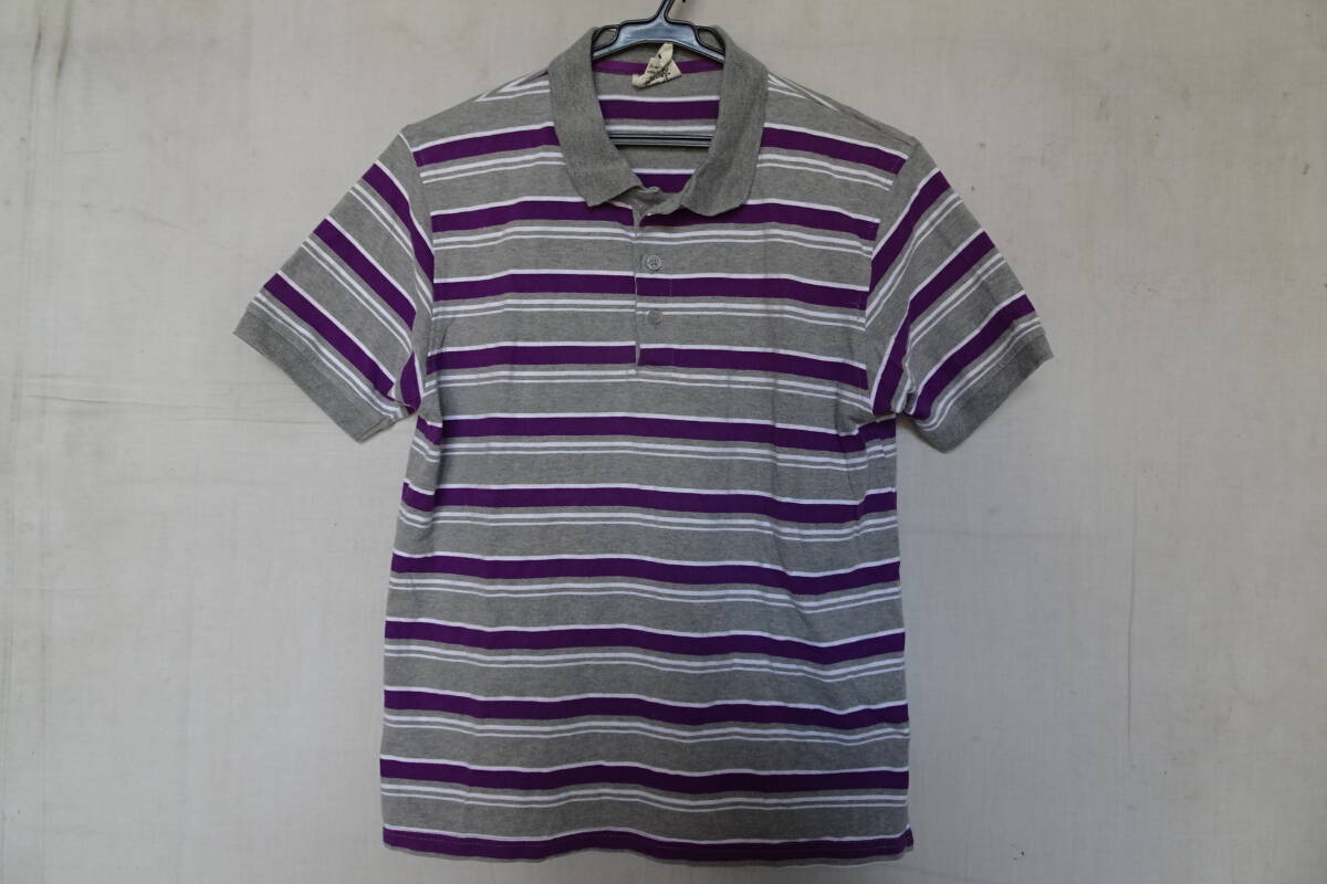 OBLO DESIGN/半袖ポロシャツ/Tシャツ素材/マルチボーダー柄/襟・袖口リブ/グレー/紫/パープル/白/ホワイト/Mサイズ(6/20R7)拍卖