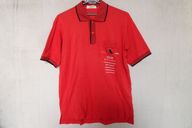 adabat/アダバット/半袖ポロシャツ/鹿の子素材/左胸ポケット/ししゅう入/襟・前立・袖口黒ボーダー柄/裾サイドスリット/朱色/赤(6/10R7)拍卖