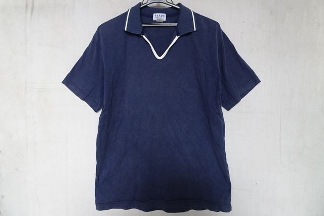 BEAMS/ビームス/襟付半袖シャツ/カットソー/スキッパー襟/Tシャツ素材/襟端白ライン入/紺/ネイビー/Mサイズ(6/10R7)拍卖