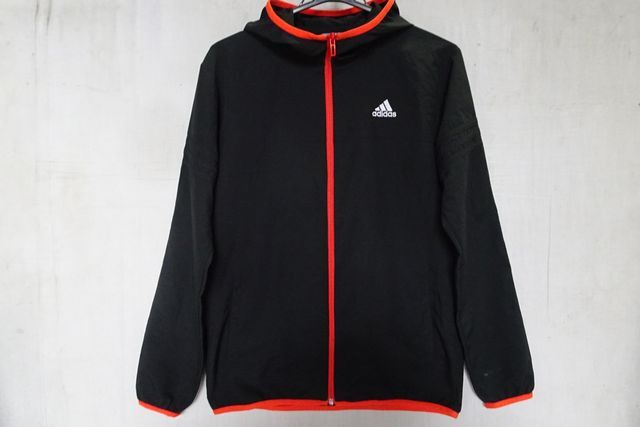 adidas/アディダス/ジャンパー/長袖パーカ/前ジップアップ/オレンジトリミング/同色3本ライン/黒/ブラック/Mサイズ(6/24R7)拍卖