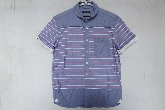 TAKA:Q/タカキュー/半袖シャツ/SLIM FIT/オックスフォード綿素材/ボーダー柄/小さめ丸襟/袖口折り返し/青/ブルー/Lサイズ(6/27R7)拍卖