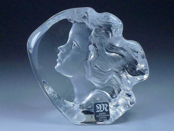 60AM52★MATS JONASSON/マッツ ジョナサン クリスタルガラス 女性の横顔の置物 ペーパーウェイト 文鎮 スウェーデン王室御用達拍卖