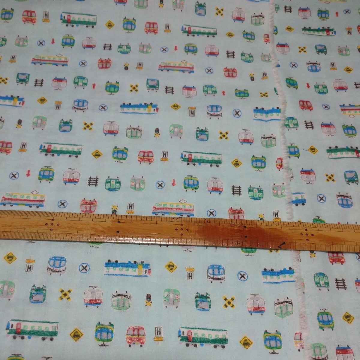 ダブルガーゼ miniトレイン アクア 110センチ幅×50センチ 日本製 綿100% 即決拍卖