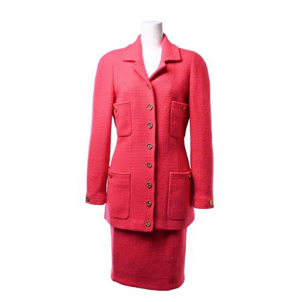 CHANEL フランス製 ヴィンテージ ウール ツイード セットアップ ココマークボタン14個付き 36/36 KL4BSALP73拍卖